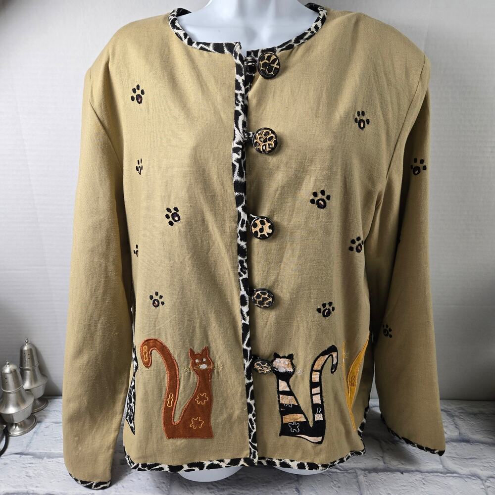 Allure Women's Folk Art Tan Jacket Applique Cats Paw Prints Statement Buttons XL